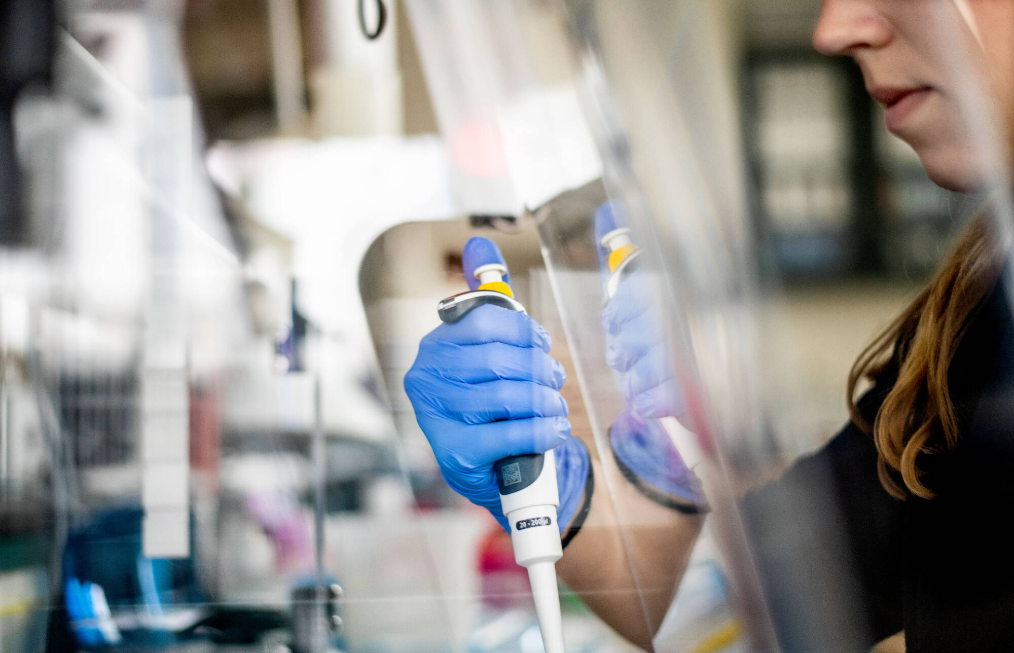 Student using pipette in hood.